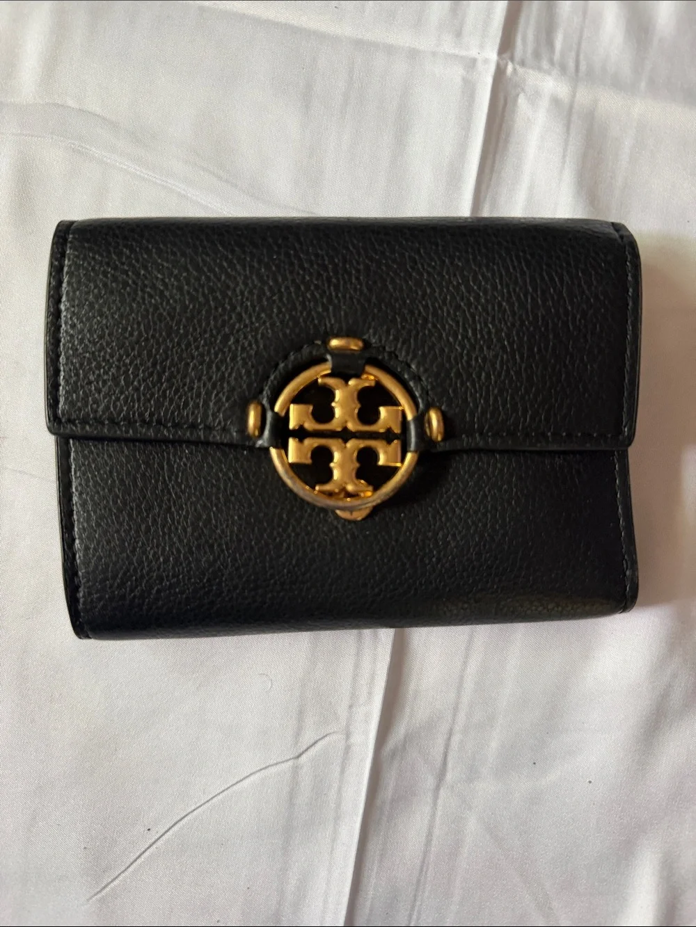 Tory Burch Black Leather Wallet with Gold Emblem